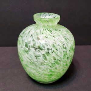 Art Glass Vase, Vintage Bud Vase, Mottled Green White Splatter